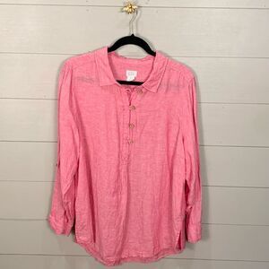 Sigrid Olsen 100% linen pink Henley button top long sleeve size 1X natural